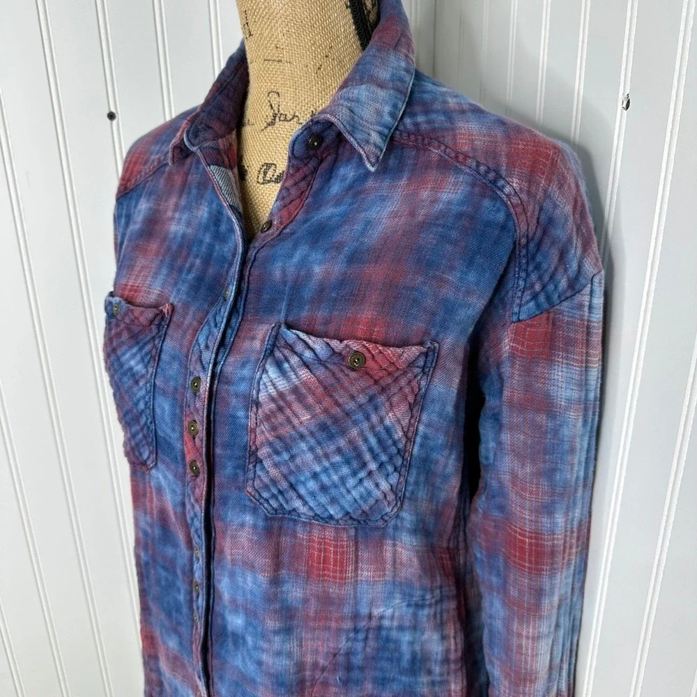 Free People Oversized Double Dip Plaid Shirt Blue Red‎ Button Up Gauzy Sz XS